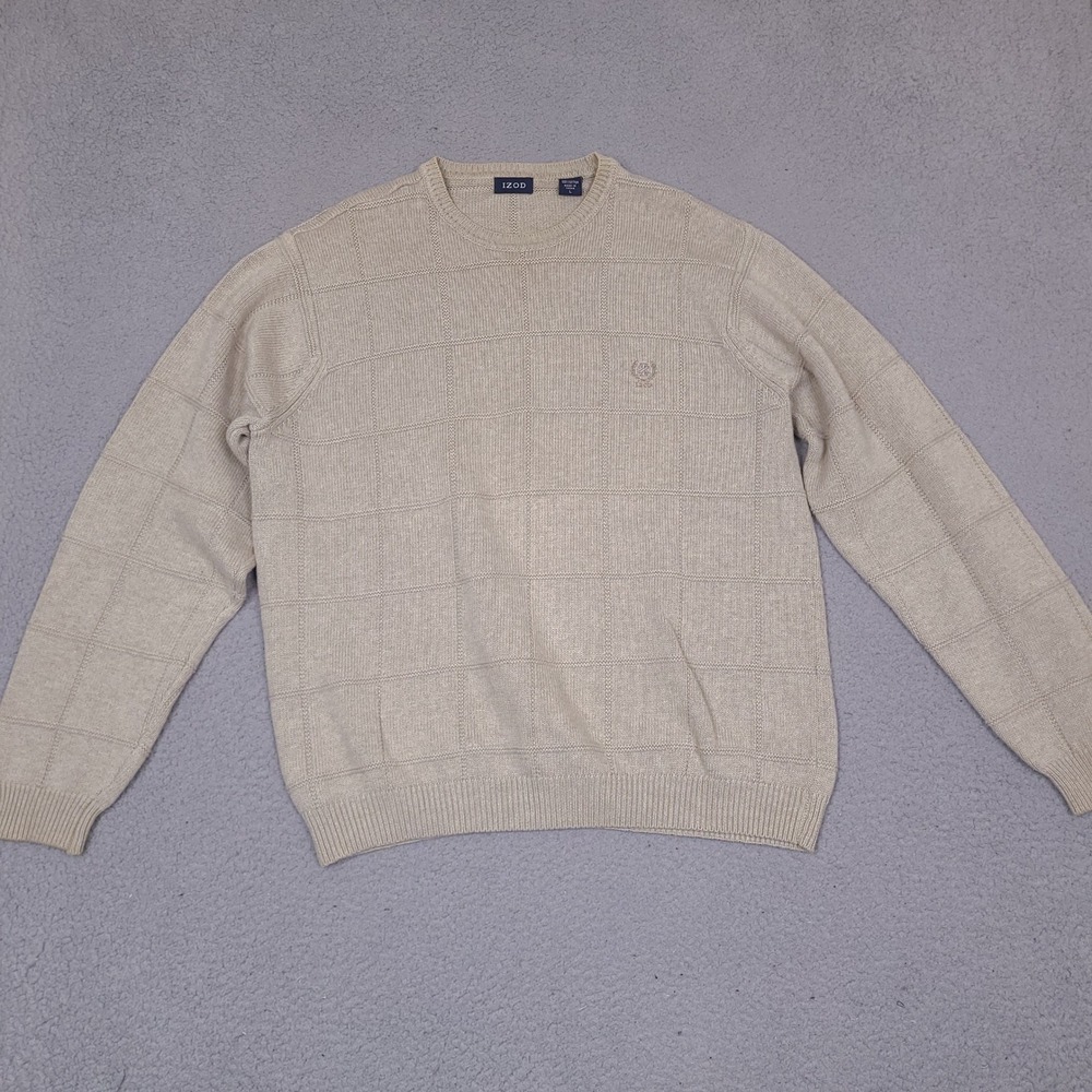 IZOD Sweater Mens Large Beige Cotton Crew Neck Textured Grid Pattern Long Sleeve